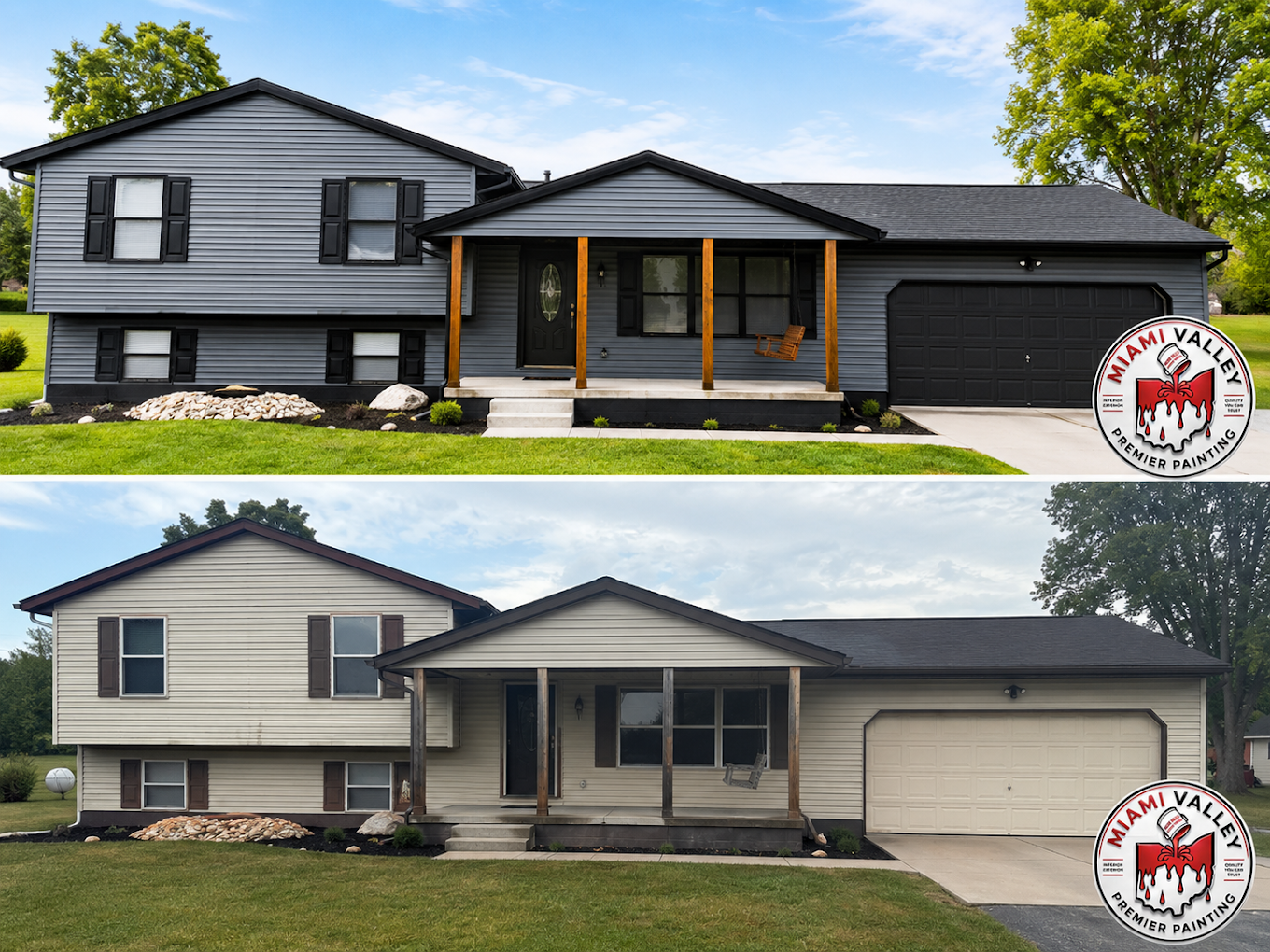 Side-by-side exterior house transformation from before to after